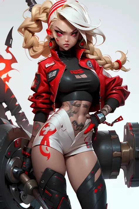 1girl, rebecca \(cyberpunk\), full body, solo, blonde braid hair, glowing red eyes,laugh fearlessly, leg tattoo, neck tattoo,  large chest, black bra, thong, red pupils, skin fang, red eyes, black jacket, ((Holding a big hammer、white background:1.2))、dynam...