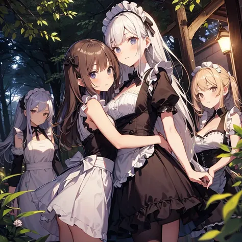 A group of  maid, (in forest), various hair styles, harem, night, details face, short skirt, seducing, sleeveless,