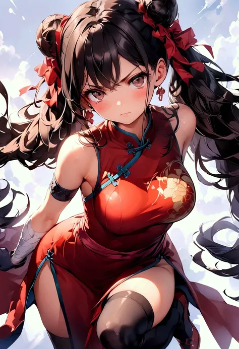 (masterpiece),(best quality),(ultra-detailed),(best illustration),(best shadow),(detailed background), 1girl, solo, very-long-hair, dress, long-hair, thighhighs, twintails, chinese-clothes, china-dress, standing, gloves, bandages, red-dress, hair-bun, look...