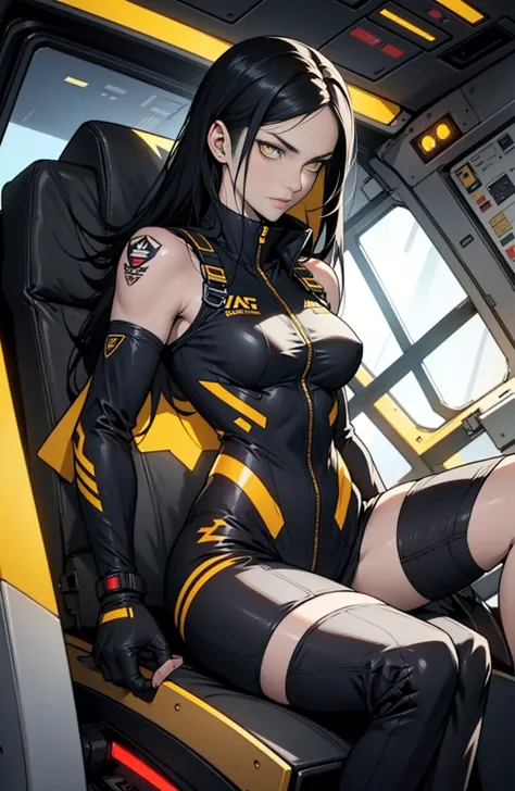 1 girl, black hair, yellow eyes, very long hair, pale skin, fit body, slender body, slim waist, large breasts, (confident expression), pilot suit, thigh gap, bare thighs, sleeveless, show bare legs, fit thighs, sitting in a cockpit