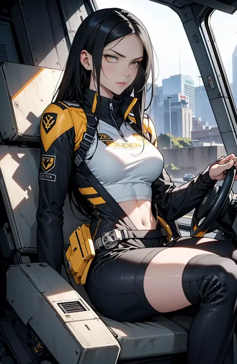 1 girl, black hair, yellow eyes, very long hair, pale skin, fit body, slender body, slim waist, large breasts, (confident expression), pilot suit, thigh gap, bare thighs, sleeveless, show bare legs, fit thighs, sitting in a cockpit