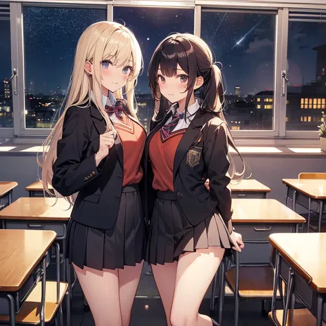 A group of female students, (in classroom), various hair styles, harem , night, details face, , short skirt, seducing, night, starry nights, school attires 