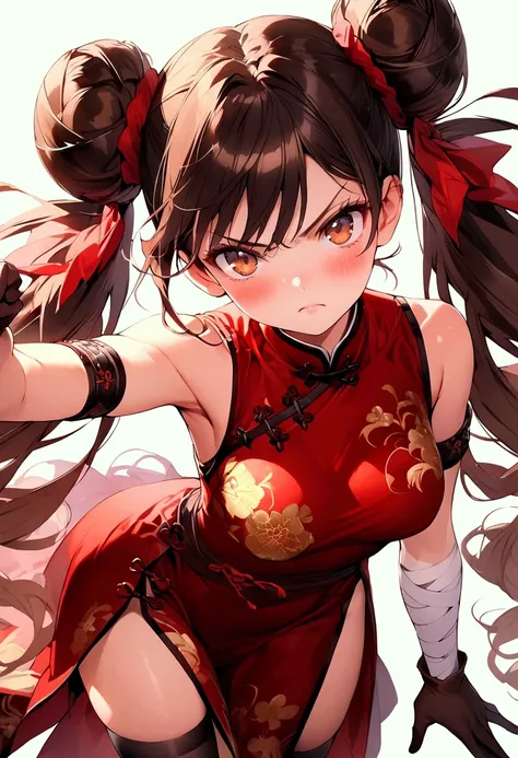 (masterpiece),(best quality),(ultra-detailed),(best illustration),(best shadow),(detailed background), 1girl, solo, very-long-hair, dress, long-hair, thighhighs, twintails, chinese-clothes, china-dress, standing, gloves, bandages, red-dress, hair-bun, look...