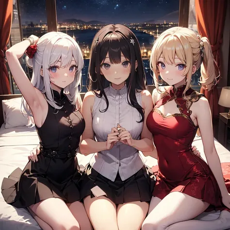 A group of young princesses, (in bedroom), various hair styles, harem, wearing royal dress, night, details face, , short skirt, seducing, sleeveless , showing armpits, night, starry night