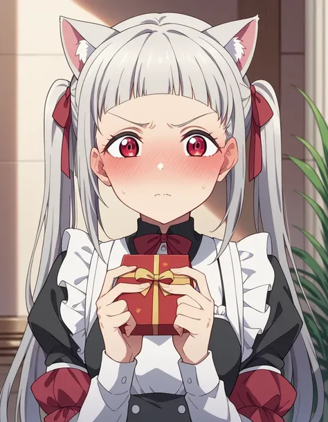 Chisato Arashi,  long hair, bangs,  Red Eyes in the Shadow of a Pillar,  twin tails, Gray Hair, blunt bangs,  hair bang,  Double Bang , red ribbon、 holding a beautifully wrapped red heart-shaped chocolate box with both hands、 chocolate box in the palm of y...