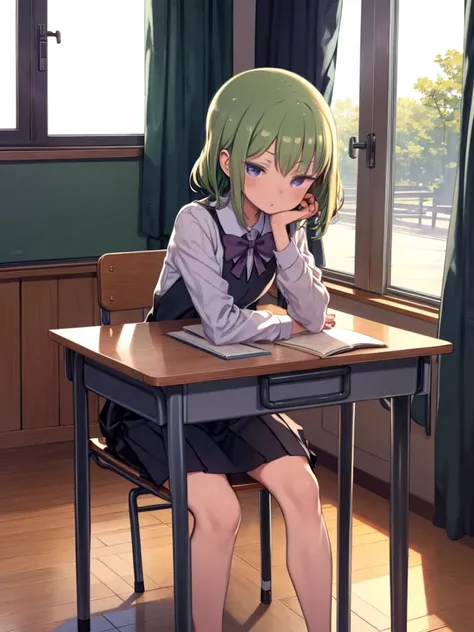 (Masterpiece,  best quality ,  Details),  1 girl, Alone,  indoor, classroom,  school desk,  window, School Chair, curtain,  blackboard ,  is sitting, On the desk, Knee, Serious, Squint your eyes,  eyelash , Midorikawa Flower, (Homura costume ) 