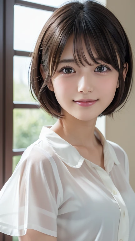 ((Masterpiece,  best quality ,  high resolution)),  Japanese high school girl 、( realistic: 1.4), Happy smile、 sharp mouth、great face, Glossy Lips 、,  short hair while on a business trip、( beautiful hair:1.5),  school classroom、  Japanese High School Unifo...