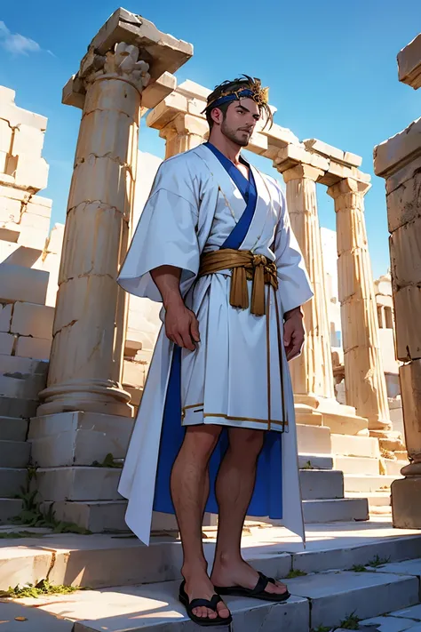 greek god, muscle, tan, oily body, Gstring, white ancient greek robes, gold diadem, full body view, 35 years old, very handsome dramatic, ruined greek temple background, blue sky, sunny weather lighting, vivid detail, high-resolution, vibrant color grading...