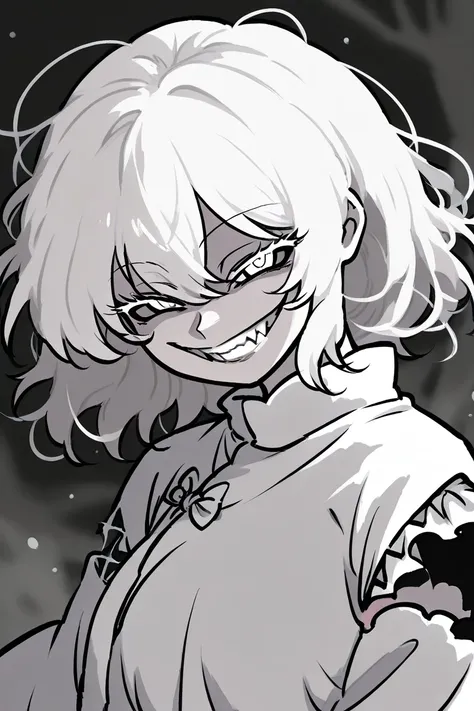 1girl, touhou style, pale skin, tomboyish white hair, white eyes, evil smile, ripped black and white clothes,