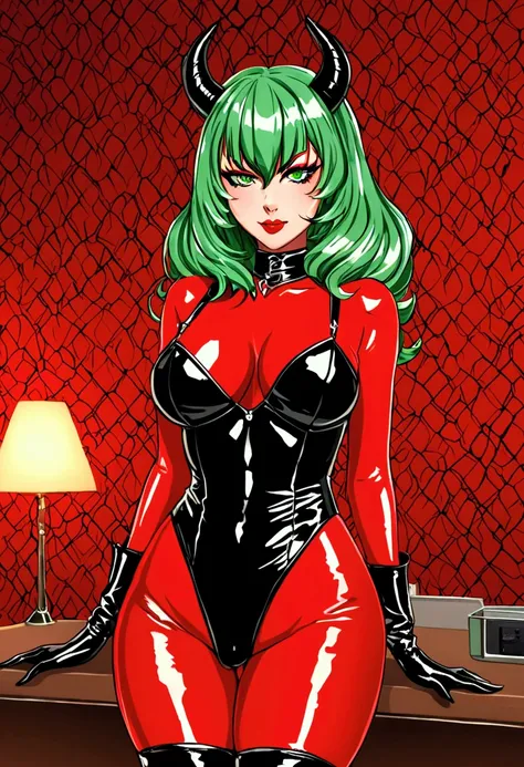 Devil milf, red skin, green eyes, platinum hair, dominatrix clothes, latex gloves, head devil horns, motel room,sexy devil lady, hottie devil female, ecchi.