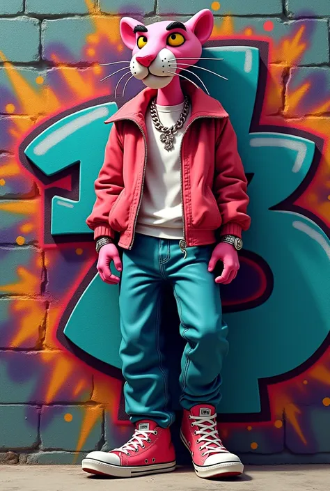 3d vectorial image of the pink panther, character from the comic book “the pink panther show”, dressed in casual clothes, with his hands inside his pants pockets, with tennis shoes, with chains and jewelry, lying on a wall full of graffiti, very colorful w...