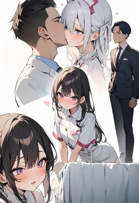 masterpiece, (( best quality )), 8k,   RAW photo、 heart-shaped light in her eye、 small tits、White background、Kiss、 girl looks embarrassed、 cheeky expression 、 Hospital Bed、The girl looks into the man's eyes 、Man in suit、White background、 White Nurse Outfit...