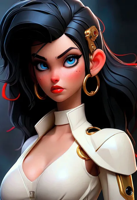 (  photorealism :1.2),  pretty woman,  Black hair with blue eyes red mouth with large bulky breasts, gold details with a white latex outfit , Cyberpunk  