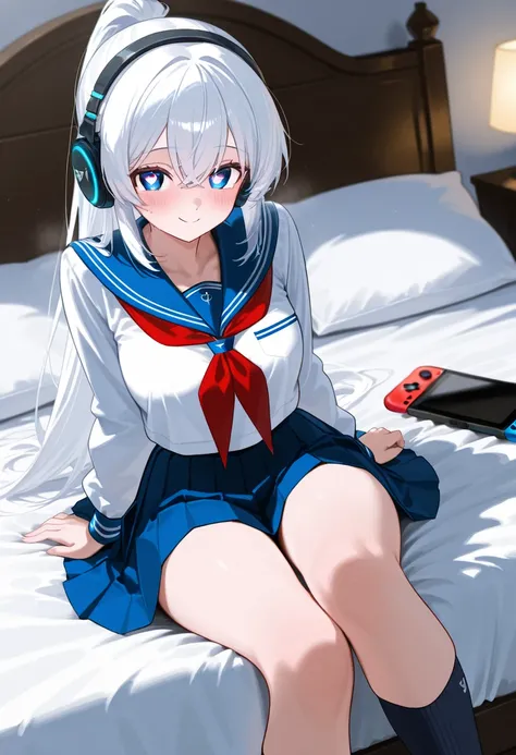 masterpiece,  best quality , 8k,  RAW photo、 heart-shaped light in the eyes、 headphones、White hair color、 ponytail、The girl is playing Nintendo Switch、 happy expression、 Thin Thighs、 sitting in bed、Concentrated、 dark blue socks，  sailor suit 、 navy blue pl...