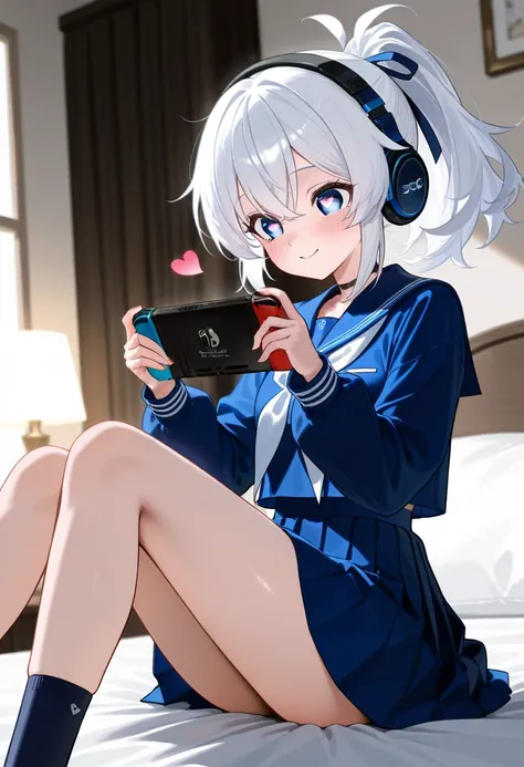 masterpiece,  best quality , 8k,  RAW photo、 heart-shaped light in the eyes、 headphones、White hair color、 ponytail、The girl is playing Nintendo Switch、 happy expression、 Thin Thighs、 sitting in bed、Concentrated、 dark blue socks，  sailor suit 、 navy blue pl...