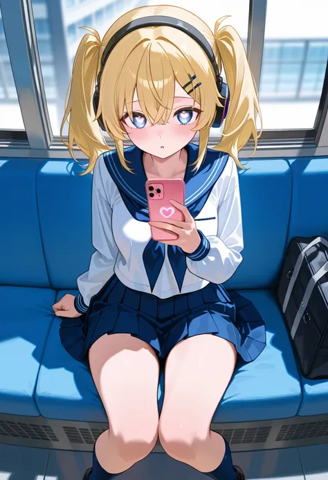 masterpiece,  best quality , 8k,  RAW photo、 heart-shaped light in the eyes、 headphones、 twin tails、 hairpin、 girl touches smartphone、Touching your hair、 strange expression、 Thin Thighs、 is sitting、 navy blue socks on the bank，  sailor suit 、 loafers 、 nav...