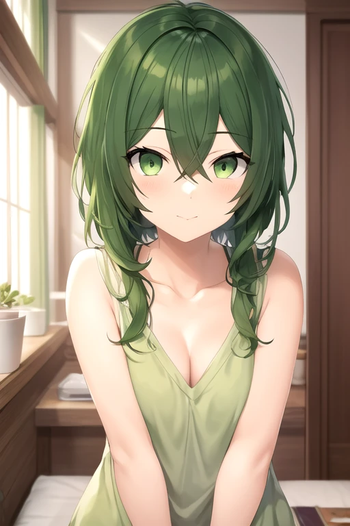 masterpiece, best quality, high quality, girl, solo, looking at viewer, shuu_iura, green hair, green eyes, hair between eyes, , 