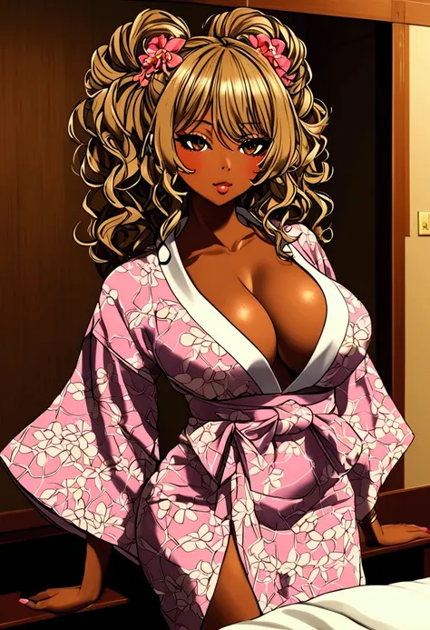 Black woman, dark skin, gyaru, japanese kimono, bug boobs, motel room, japanese motel.