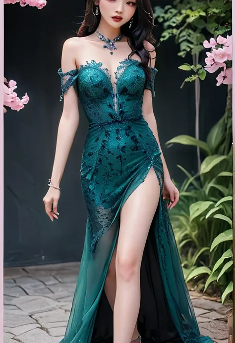  black hair long hair。 purple inner color。 intelligent deep green eyes 。 red lips like an apple 。 a woman with poor beauty 。A mermaid dress with an elegant and chaste design that has an otherworldly vibe 。From black to purple 、 simple off-shoulder design w...