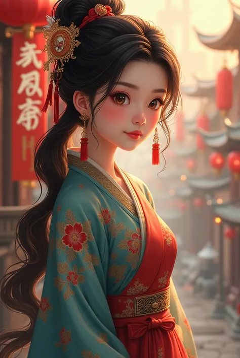 一张高度详细的照片,描绘了一位令人难以置信的越南美丽诱人的年轻女子,19岁,站在一个小, 宁静的花园被郁郁葱葱的绿树和盛开的杏花桃花环绕,旁边是五颜六色的鱼塘,在早晨的阳光下闪闪发光. 这名女子皮肤白皙, 长的, 直棕色的头发装饰着华丽的黄色和蓝色发饰, 和大型, 富有表情的眼睛. 她穿着一件精致的, 飘逸的传统越南长袍,蓝白色调, 带有复杂的金色细节和图案. 脚上穿着鞋子,戴着旋转的帽子. 她的左手拿着木片标语 "2025年新年快乐", 而她的右手拿着传统的越南banh chung和banh day. 背...