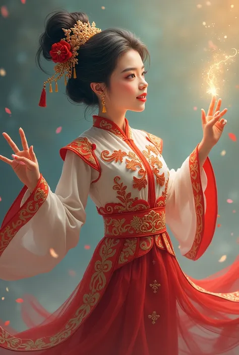 一张高度详细的照片,描绘了一位令人难以置信的越南美丽诱人的年轻女子,19岁,站在一个小, 宁静的花园被郁郁葱葱的绿树和盛开的杏花桃花环绕,旁边是五颜六色的鱼塘,在早晨的阳光下闪闪发光. 这名女子皮肤白皙, 长的, 直棕色的头发装饰着华丽的黄色和蓝色发饰, 和大型, 富有表情的眼睛. 她穿着一件精致的, 飘逸的传统越南长袍,蓝白色调, 带有复杂的金色细节和图案. 脚上穿着鞋子,戴着旋转的帽子. 她的左手拿着木片标语 "2025年新年快乐", 而她的右手拿着传统的越南banh chung和banh day. 背...