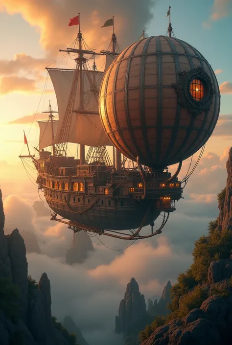 (  best quality  ,4K,8k,  high resolution,Masterpiece:1.2),   medieval European steampunk 。 A lot of steam is coming out of the coolest steampunk airship in the world,Gears go around a lot   ,  they fly with lots of sails and propellers 。 airships are pira...