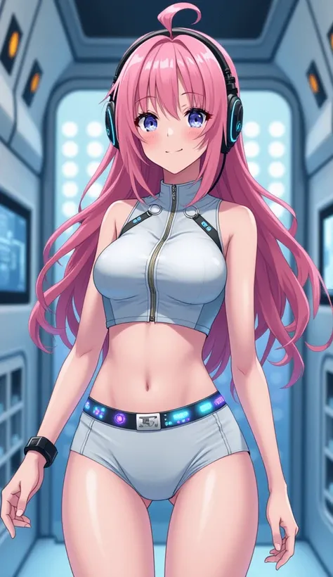 Detailed anime illustration, pixiv style,anime love-live style, zero gravity space. Woman dressed in white spaceship high-tech capsule, cold sleep device. Japanese woman, pink long hair, blush,shy,wearing futuristic underwear with biosensors and circuit pa...