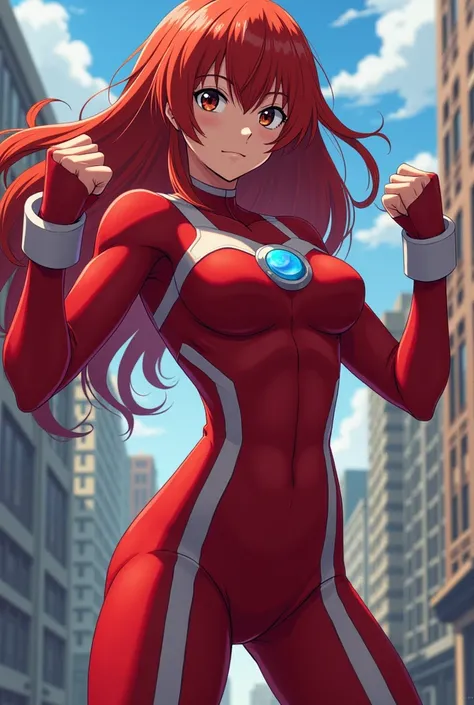 My Hero Academia Style , Anime girl, female, young female,muscular female,Full Body Shot,(fighting Pose:1.3),Long hair, Red Hair,  Brown Eyes,Hero Suit, Full Body Suit, red suit with white details,small round blue jewel in the center of the chest, perfect ...