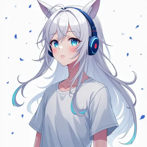 An anime boy with white hair and blue eyes 、 wearing a t-shirt and long hair or headphones、 or a good-looking, white-faced schoolboy  