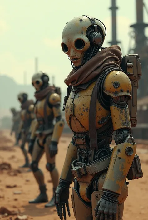 a detailed realistic wasteland rusty robot characters, cinematic shot on canon 5d, ultra skin intricate clothes accurate hands, macro image detailed, shots, badass look, action, perfect eyes, best quality, extremely sharp focus face, analog fine film grain...