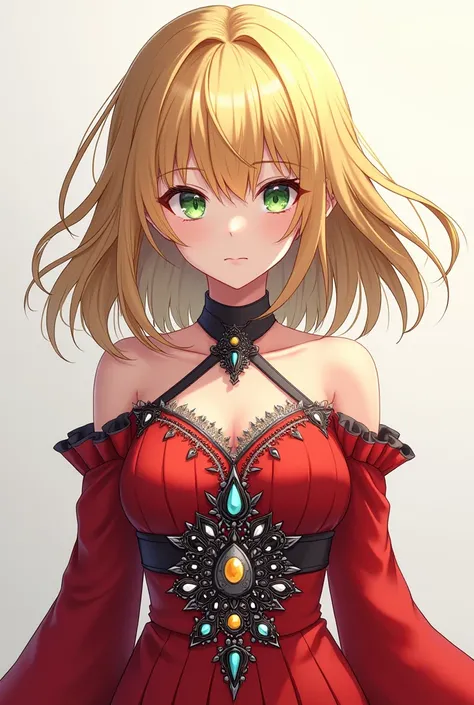 An anime-style woman who is blonde with black roots with light green eyes in a red dress with black, white, gray, blue and yellow stones. 