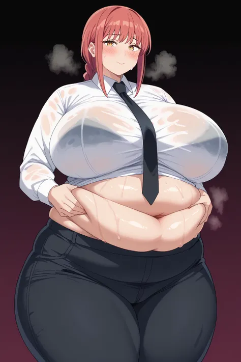 Makima, Makima,  long hair、bangs、 shirt、 Long Sleeve, yellow eyes, white  shirt、 braided 、 thighs、Red Hair、 ties, collared  shirt、 black pants 、black  ties,[[steam, wet]],gigantic breasts,enormous breasts,belly cleavage,Sloppy belly fat, I'm sweating a lot...