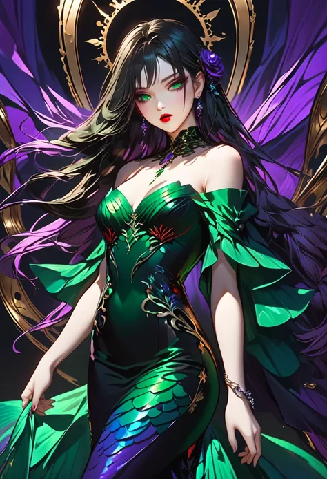  black hair long hair。 purple inner color。 intelligent deep green eyes 。 red lips like an apple 。 a woman with poor beauty 。A mermaid dress with an elegant and chaste design that has an otherworldly vibe 。From black to purple 、 simple off-shoulder design w...