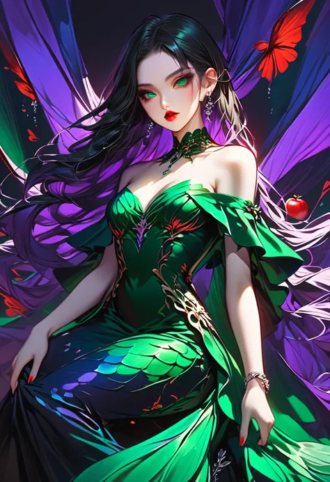  black hair long hair。 purple inner color。 intelligent deep green eyes 。 red lips like an apple 。 a woman with poor beauty 。A mermaid dress with an elegant and chaste design that has an otherworldly vibe 。From black to purple 、 simple off-shoulder design w...