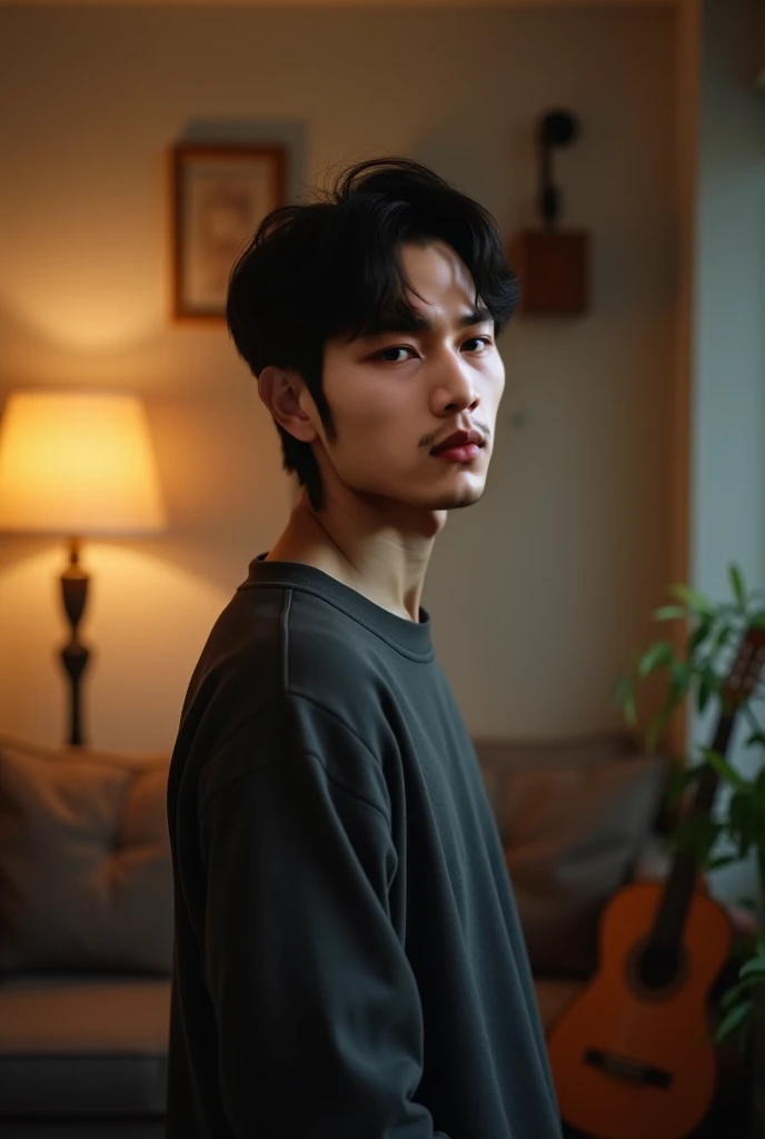 The picture shows a Korean man ,  holding his shoulder and exposing the upper part of his arm .  The man's face is directed at the camera with an emotional expression or a slight smile.  The background shows a room with a sofa ,  a guitar in the right corn...