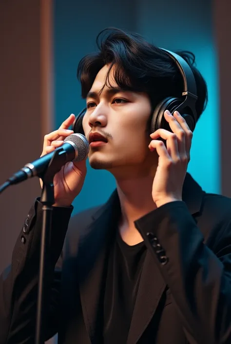 " A good-looking Asian male pop singer with black hair, coolly dressed,  singing in a recording studio .  He is wearing headphones and holding both hands on the headphones . In front of him is a microphone ,  and the background is a recording studio with b...