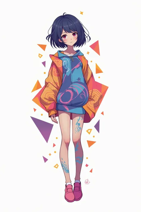 Abstract anime-style illustration of a girl, her figure and outfit made from overlapping geometric shapes, vibrant color palette with blue, orange, and pink, minimalistic white setting.