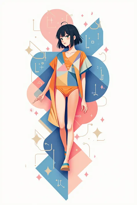 Abstract anime-style illustration of a girl, her figure and outfit made from overlapping geometric shapes, vibrant color palette with blue, orange, and pink, minimalistic white setting.