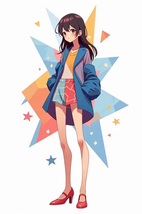 Abstract anime-style illustration of a girl, her figure and outfit made from overlapping geometric shapes, vibrant color palette with blue, orange, and pink, minimalistic white setting.