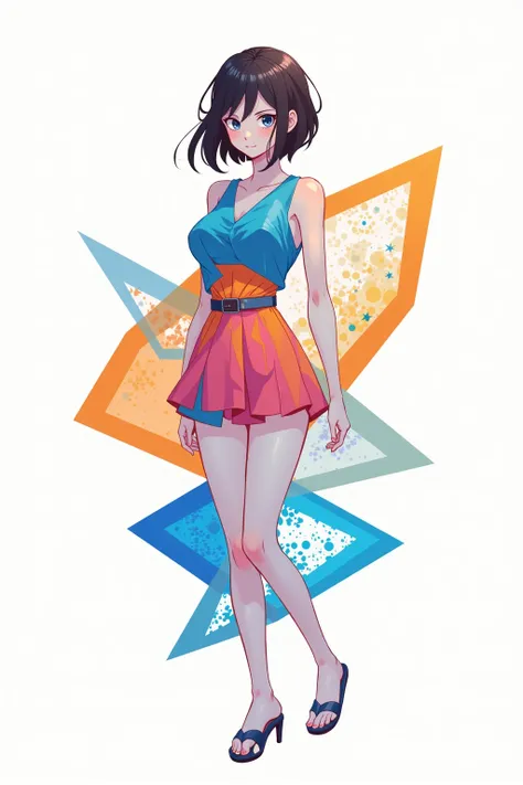 Abstract anime-style illustration of a girl, her figure and outfit made from overlapping geometric shapes, vibrant color palette with blue, orange, and pink, minimalistic white setting.