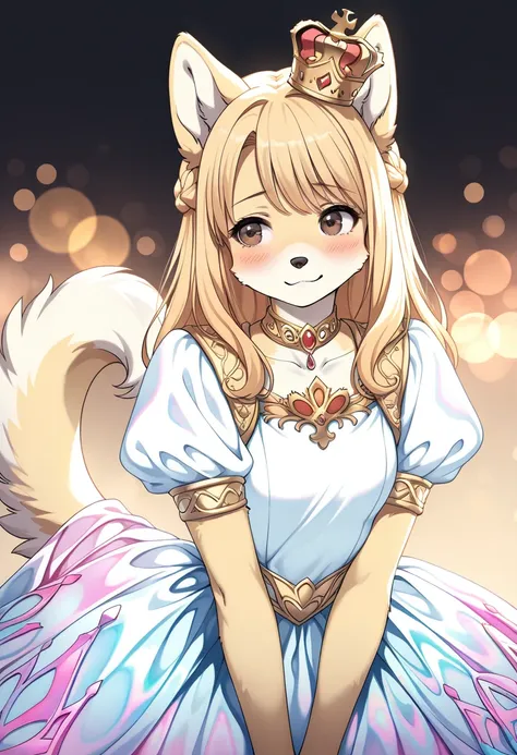 masterpiece,best_quality,1girl,solo,blonde hair,french braid,brown eyes,(dog furry),(dog anthro),animal nose,brown eyes,cute,kawaii,looking at another,(fantasy dress:1.3),vest,tail raised,(royal:1.3),(Iridescent color dress:1.3),simple_ pastel color backgr...