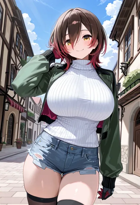 ( best quality  , 8k , masterpiece , incredibly absurdres , beautiful woman , perfect body , super detailed skin , highly detailed eyes and face ) , 1 person , roboco , original hair color , smile ,  will be happy , (  jacket  ,  tight sweaters,  ultra sho...