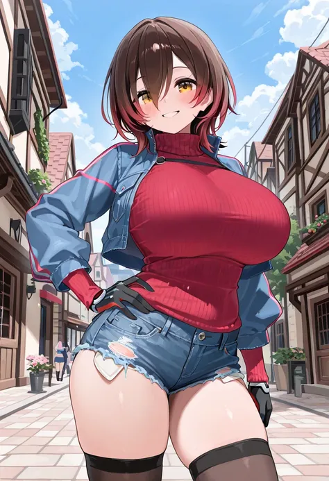 ( best quality  , 8k , masterpiece , incredibly absurdres , beautiful woman , perfect body , super detailed skin , highly detailed eyes and face ) , 1 person , roboco , original hair color , smile ,  will be happy , (  jacket  ,  tight sweaters,  ultra sho...