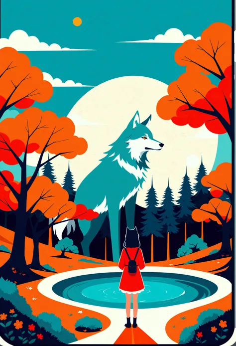 wallpaper of smartphone, A girl and a wolf meet in the forest, flat Design, vector illustrations, graphic illustration, detailed 2d illustration, flat illustration, digital illustration, digital artwork,