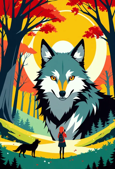 wallpaper of smartphone, A girl and a wolf meet in the forest, flat Design, vector illustrations, graphic illustration, detailed 2d illustration, flat illustration, digital illustration, digital artwork,