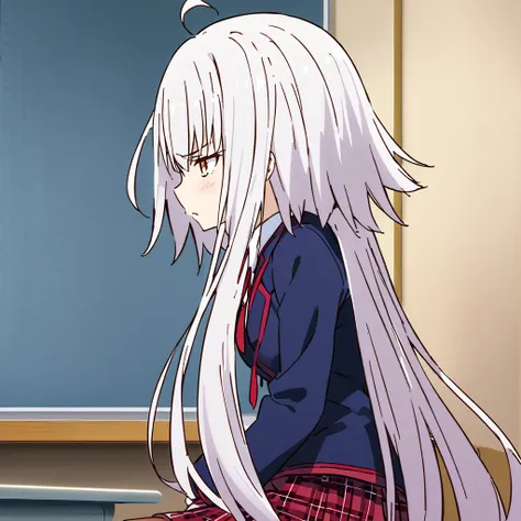  Jeanne D'Arc alter ,   High resolution,   a girl, Alone ,   full view from head to toe, forehead, vertical,  student,   wide hair,  planed hair ,   Skin and texture  , Blue blazer,  red plaid skirt ,   classroom , anime, tsundere