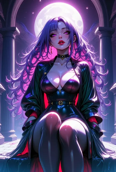  young, bewitching beauty who lazily blows a smoke tube 。 long hair with a purple inner color 。 wearing a dark green coat over her shoulder while leaning against a pillar on the veranda {x} wearing a dark green coat over her shoulders。 enjoying moonshine w...