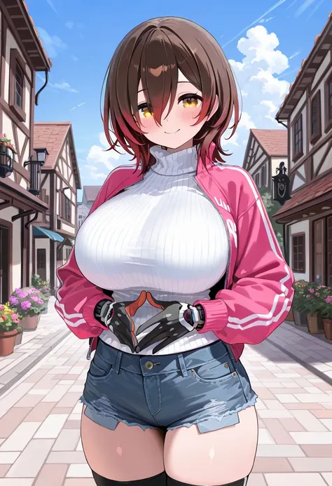 ( best quality  , 8k , masterpiece , incredibly absurdres , beautiful woman , perfect body , super detailed skin , highly detailed eyes and face ) , 1 person , roboco , original hair color , smile ,  will be happy , (  jacket  ,  tight sweaters,  ultra sho...