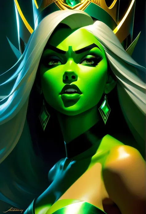 princess atea of ben 10's omiverse's, princess atea   nose slits, green skin, angry, insidious,  nostalgia, professional majestic oil painting by Ed Blinkey, Atey Ghailan, Studio Ghibli, by Jeremy Mann, Greg Manchess, Antonio Moro, trending on ArtStation, ...