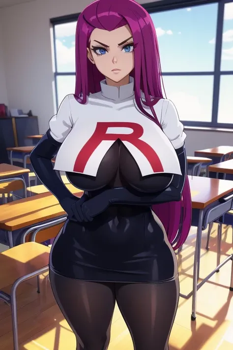 ( masterpiece ), 1 , Alone, absurdities,  highres, standing, tiro de cowboy,jessie pokemon,  hair combed back,  long hair ,  purple hair , blue eyes, Team Rocket ,Team Rocket uniform ,black arm ,short top, pantyhose, elbow gloves , school,  classroom, huge...